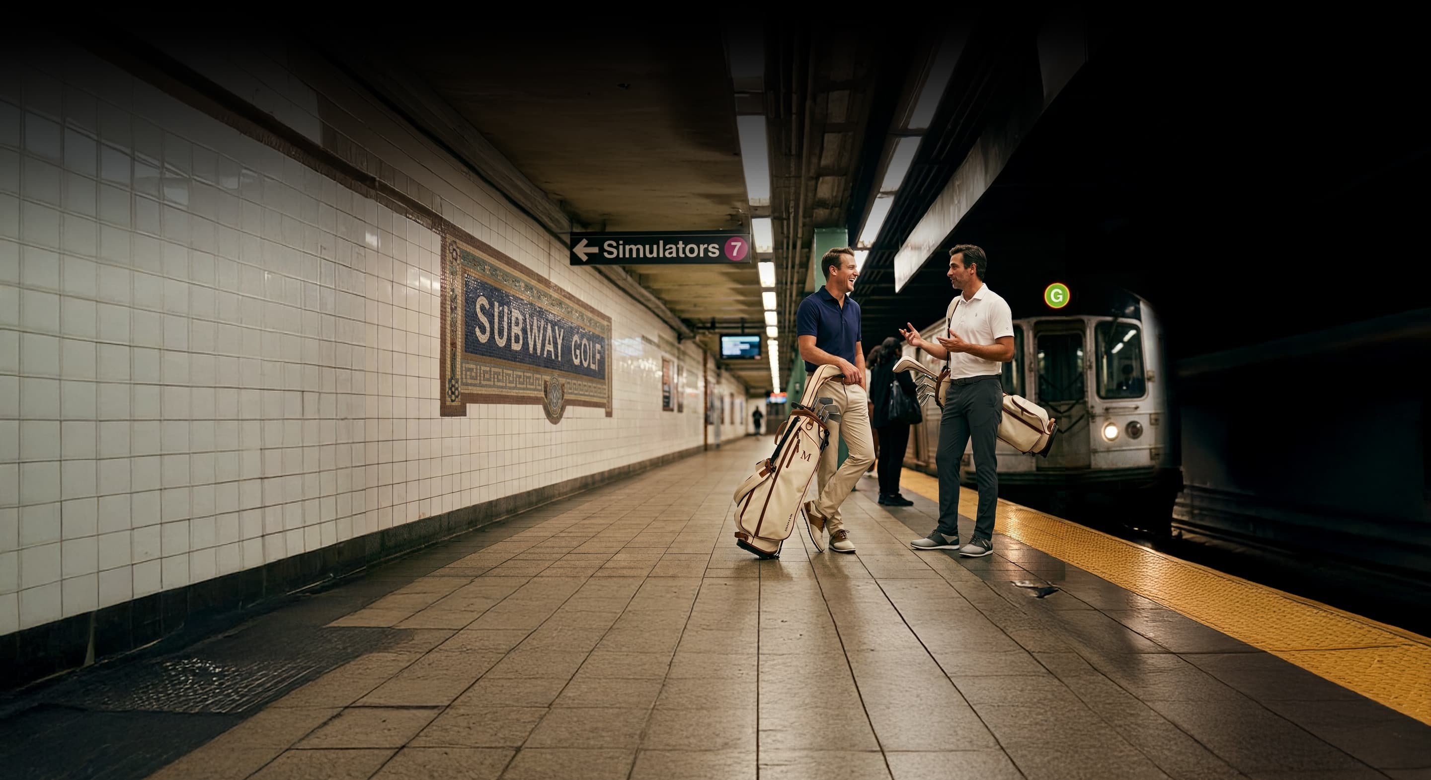 Two golfers talking on a subway platform beside a waiting train, one leaning on his stand bag, the other with his bag on his shoulder.
